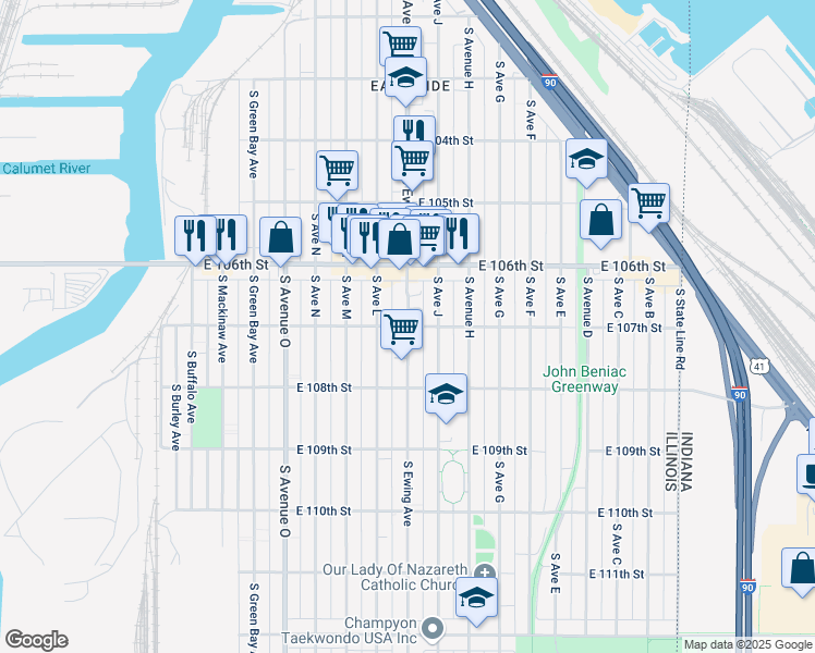 map of restaurants, bars, coffee shops, grocery stores, and more near S Ewing Ave & E 107th St in Chicago