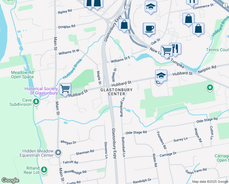 map of restaurants, bars, coffee shops, grocery stores, and more near 170 Hubbard Street in Glastonbury