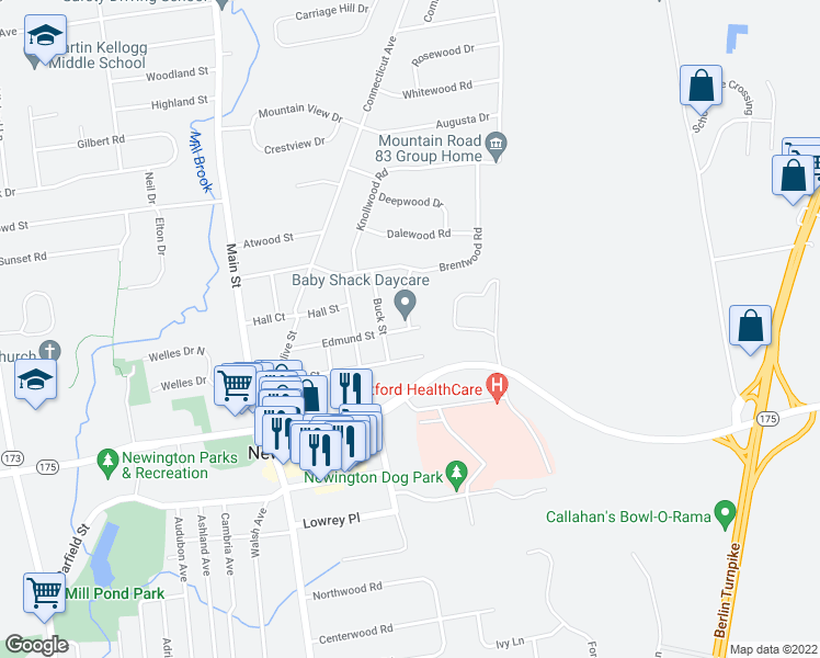 map of restaurants, bars, coffee shops, grocery stores, and more near 101 Edmund Street in Newington