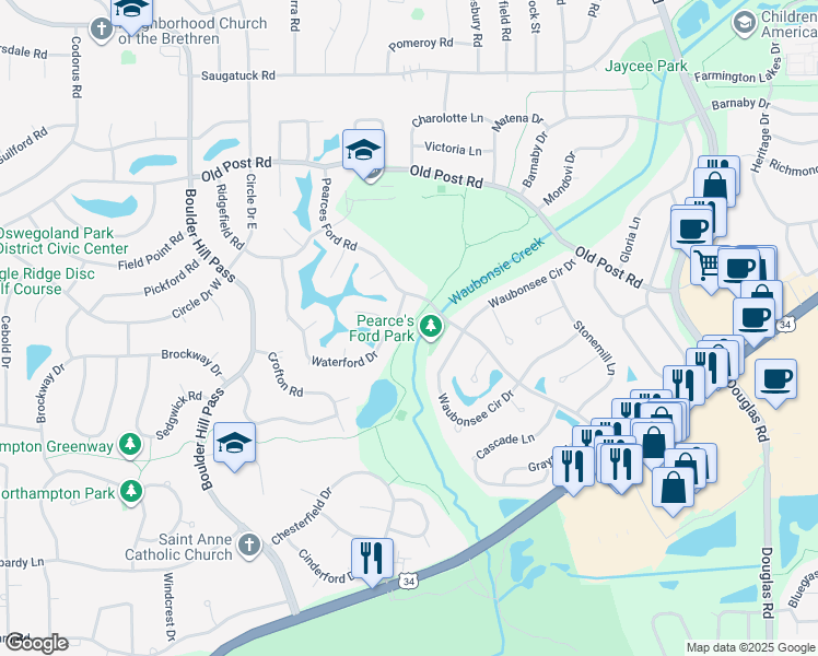 map of restaurants, bars, coffee shops, grocery stores, and more near Waubonsie Trail in Oswego