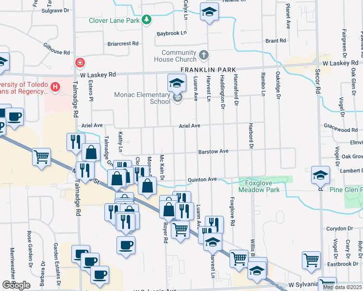 map of restaurants, bars, coffee shops, grocery stores, and more near 4651 Boydson Drive in Toledo