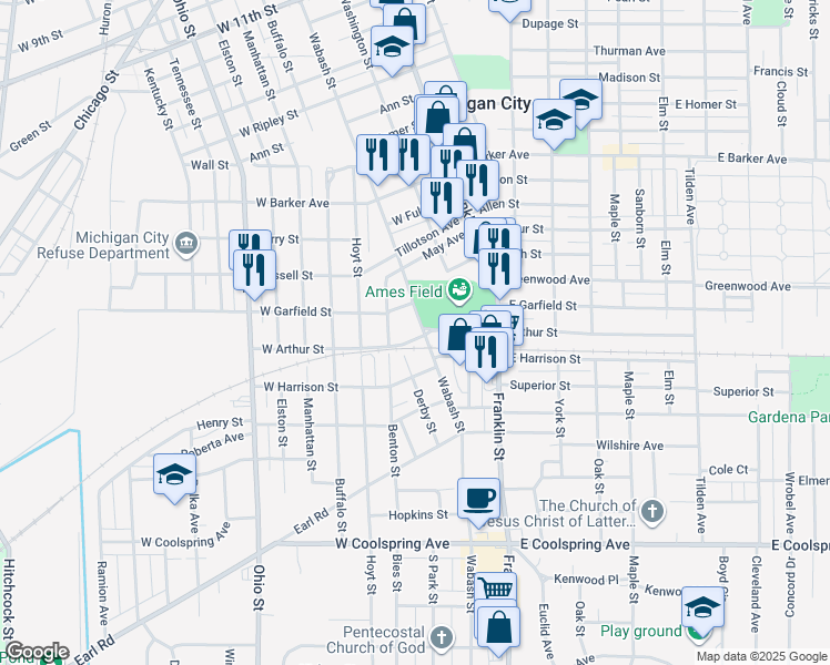 map of restaurants, bars, coffee shops, grocery stores, and more near 300-398 W Garfield St in Michigan City