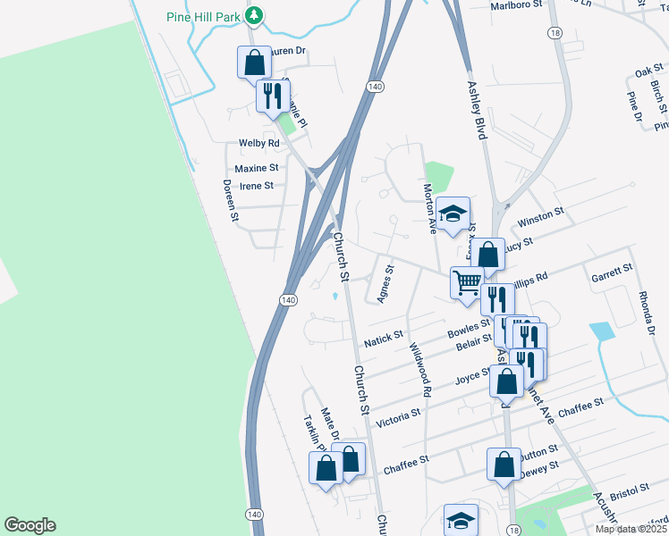 map of restaurants, bars, coffee shops, grocery stores, and more near 1251 Church Street in New Bedford