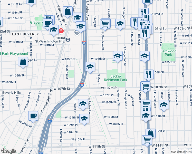 map of restaurants, bars, coffee shops, grocery stores, and more near 10556 South May Street in Chicago