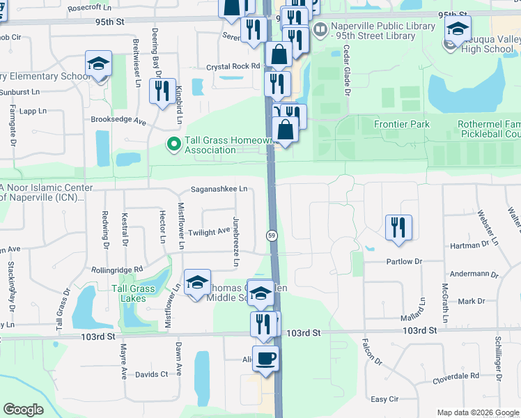 map of restaurants, bars, coffee shops, grocery stores, and more near 2981 Saganashkee Lane in Naperville