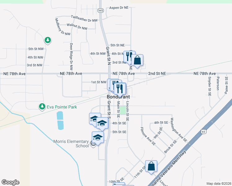 map of restaurants, bars, coffee shops, grocery stores, and more near 10 Main Street Southeast in Bondurant