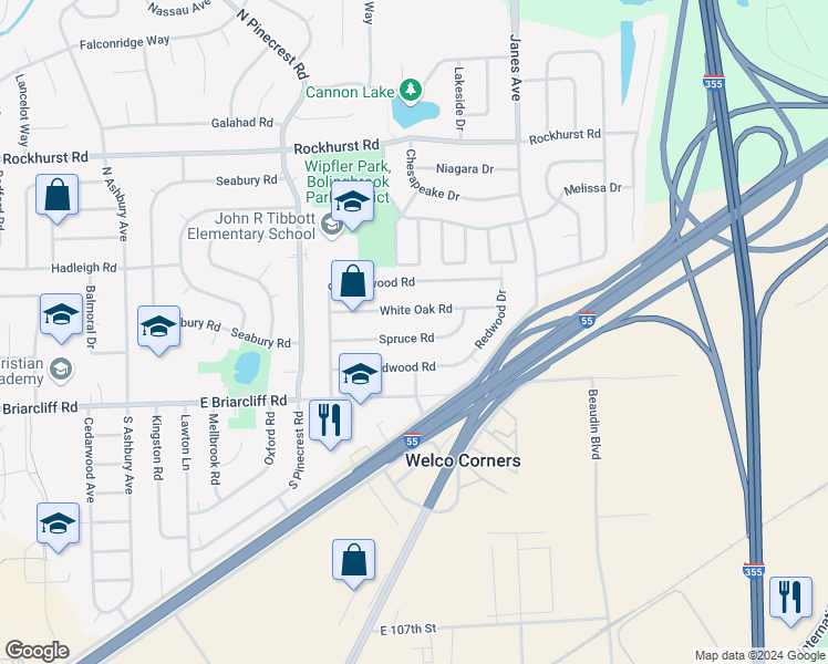 map of restaurants, bars, coffee shops, grocery stores, and more near 540 Spruce Road in Bolingbrook