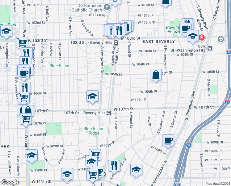 map of restaurants, bars, coffee shops, grocery stores, and more near 10557 South Hale Avenue in Chicago