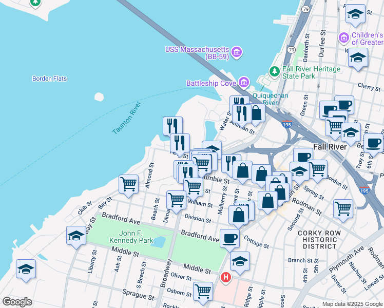 map of restaurants, bars, coffee shops, grocery stores, and more near 25 Firestone Avenue in Fall River
