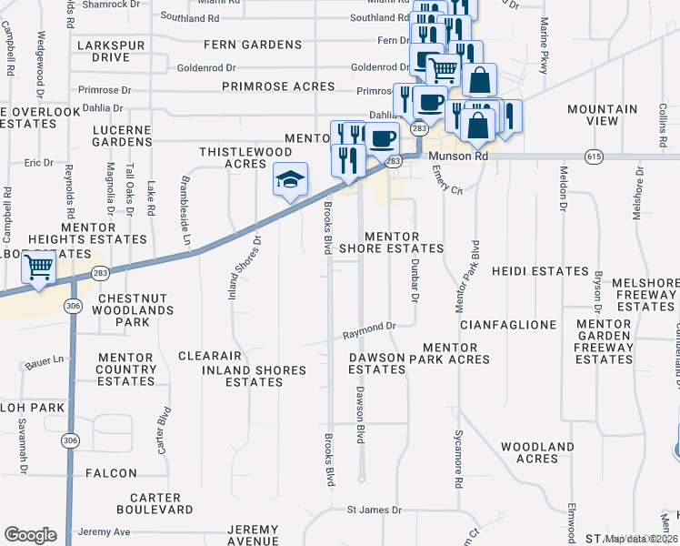 map of restaurants, bars, coffee shops, grocery stores, and more near 6234 Dawson Boulevard in Mentor