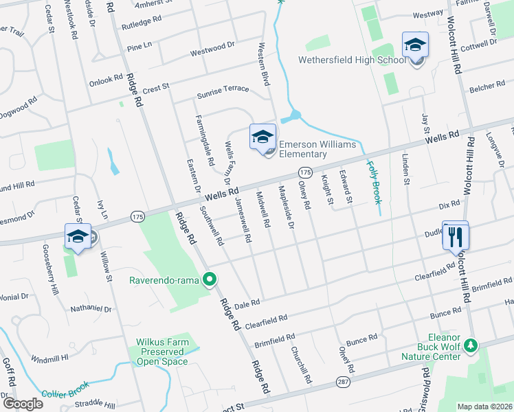 map of restaurants, bars, coffee shops, grocery stores, and more near 25 Midwell Road in Wethersfield