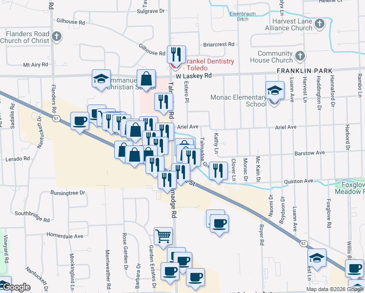 map of restaurants, bars, coffee shops, grocery stores, and more near 4668 Talmadge Green Road in Toledo