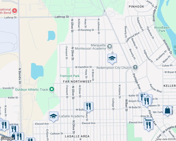map of restaurants, bars, coffee shops, grocery stores, and more near 1900-2098 Huey Street in South Bend