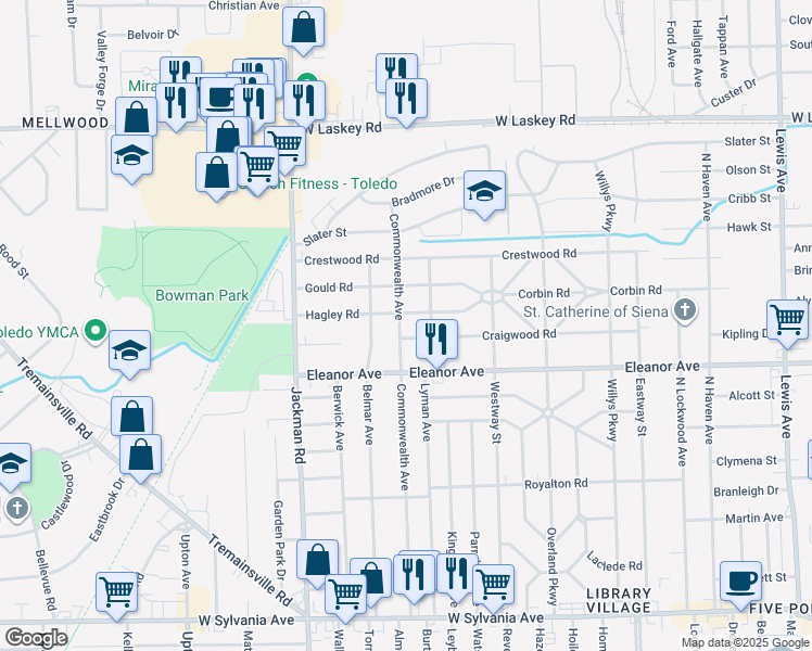 map of restaurants, bars, coffee shops, grocery stores, and more near 4548 Commonwealth Avenue in Toledo