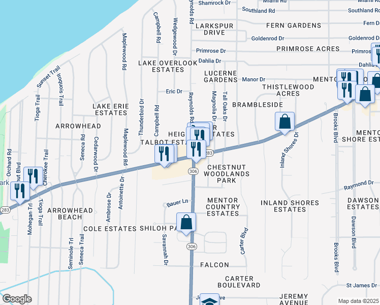 map of restaurants, bars, coffee shops, grocery stores, and more near 7341 Lakeshore Blvd in Mentor
