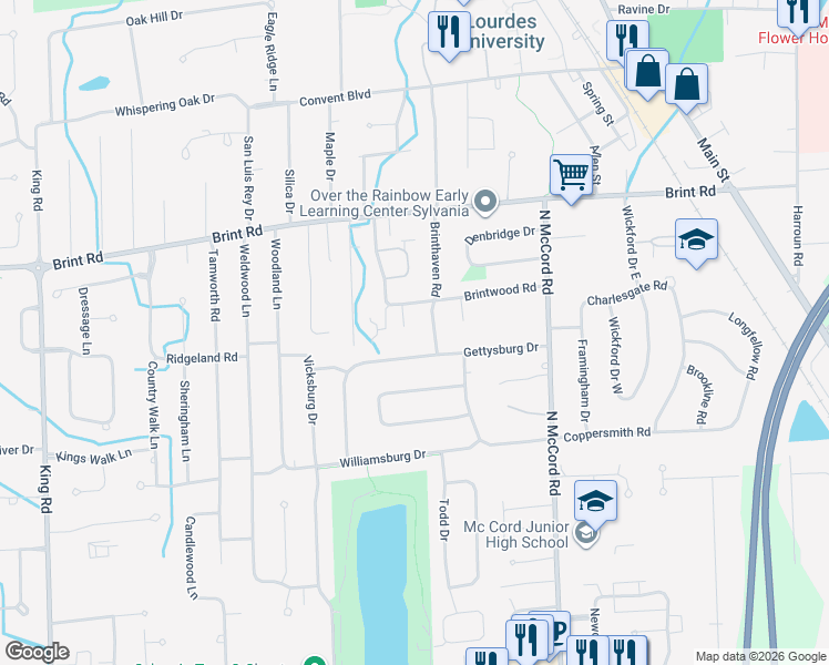 map of restaurants, bars, coffee shops, grocery stores, and more near 4815 Brinthaven Drive in Sylvania