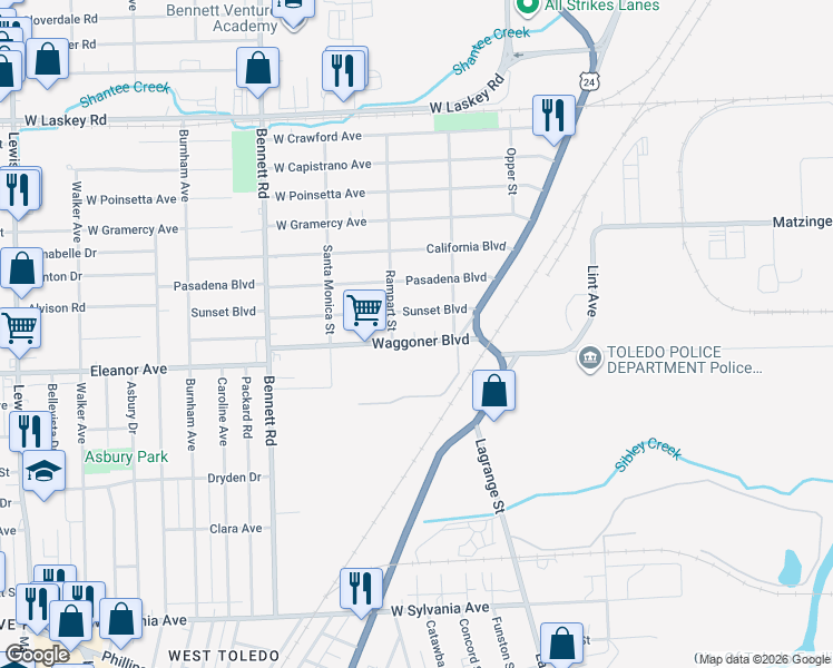 map of restaurants, bars, coffee shops, grocery stores, and more near 123 Sunset Boulevard in Toledo