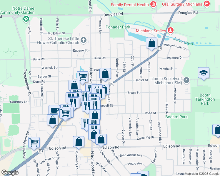 map of restaurants, bars, coffee shops, grocery stores, and more near 17904 Indiana 23 in South Bend