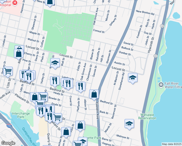 map of restaurants, bars, coffee shops, grocery stores, and more near 270 Savoie Street in Fall River