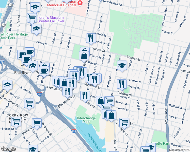 map of restaurants, bars, coffee shops, grocery stores, and more near 120 Orange Street in Fall River