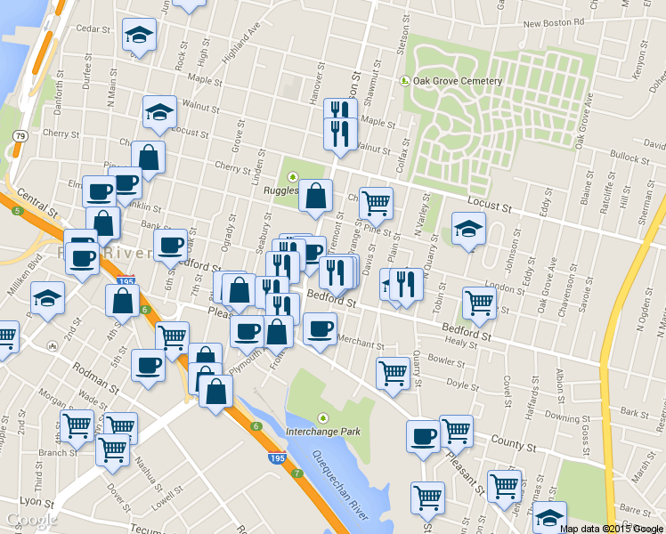 map of restaurants, bars, coffee shops, grocery stores, and more near 77 Tremont Street in Fall River