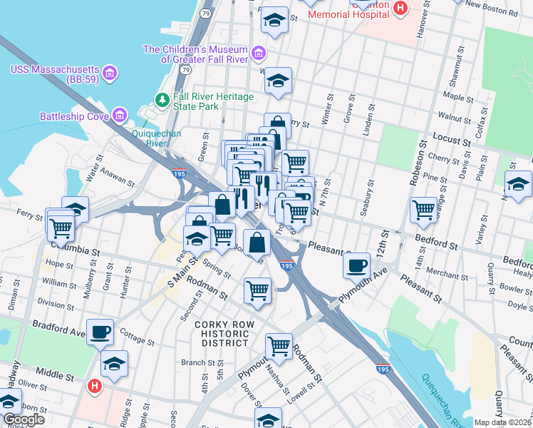 map of restaurants, bars, coffee shops, grocery stores, and more near 2 Government Ctr in Fall River