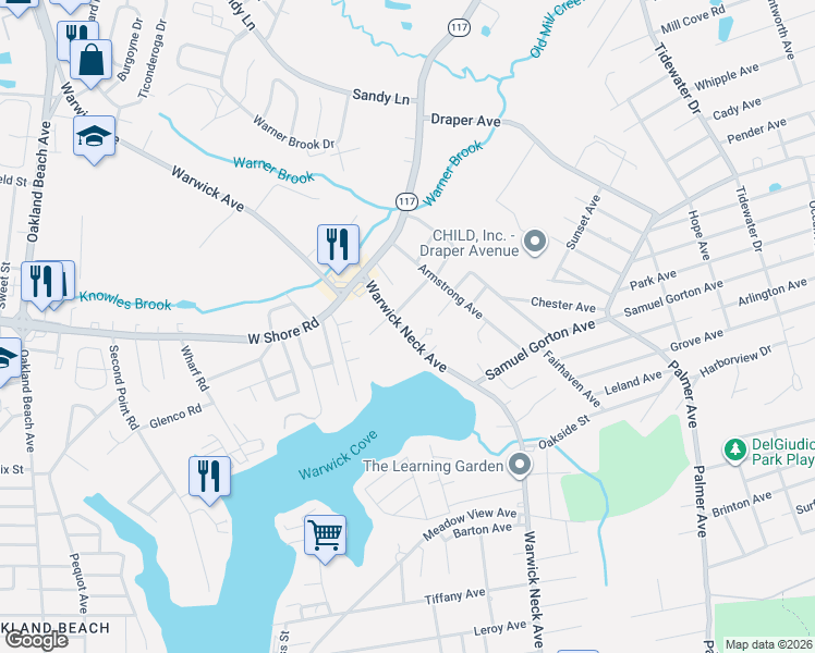 map of restaurants, bars, coffee shops, grocery stores, and more near 38 Lockwood Street in Warwick