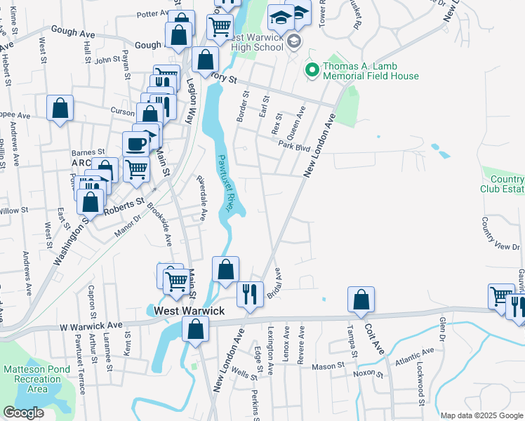 map of restaurants, bars, coffee shops, grocery stores, and more near 13 Shane Drive in West Warwick