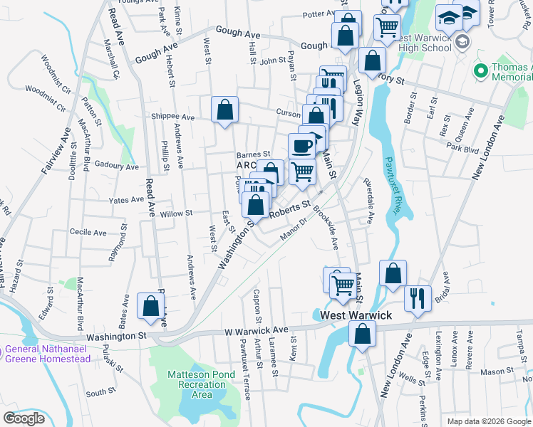 map of restaurants, bars, coffee shops, grocery stores, and more near 199 Washington Street in West Warwick