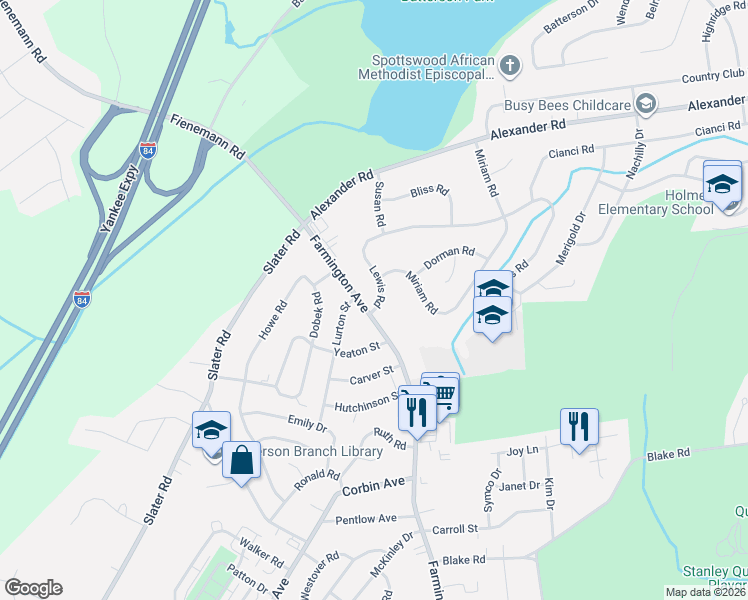 map of restaurants, bars, coffee shops, grocery stores, and more near 887 Farmington Avenue in New Britain