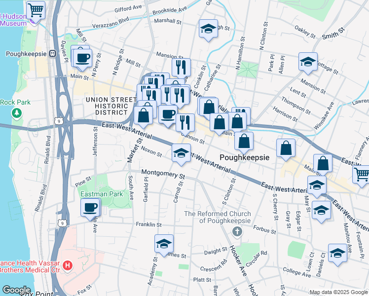 map of restaurants, bars, coffee shops, grocery stores, and more near 29 Academy Street in Poughkeepsie
