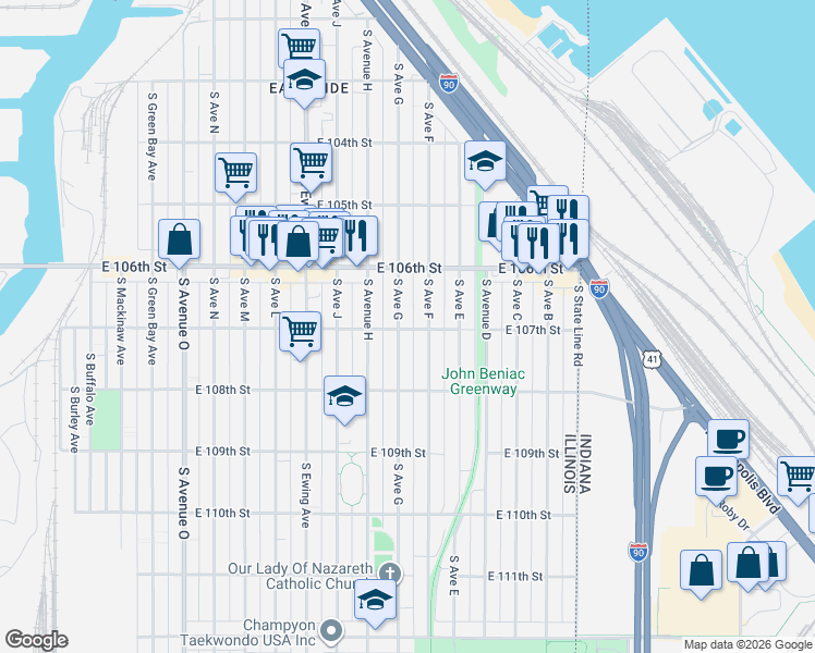 map of restaurants, bars, coffee shops, grocery stores, and more near 10638 South Avenue F in Chicago