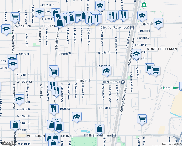 map of restaurants, bars, coffee shops, grocery stores, and more near 10606 South Calumet Avenue in Chicago