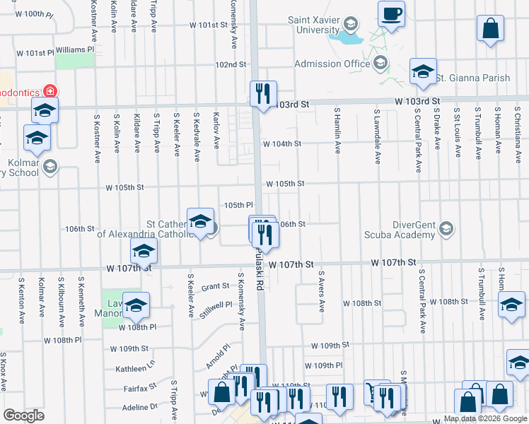 map of restaurants, bars, coffee shops, grocery stores, and more near 10522 South Harding Avenue in Chicago