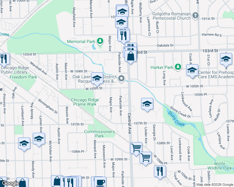 map of restaurants, bars, coffee shops, grocery stores, and more near 5636 West 105th Street in Oak Lawn