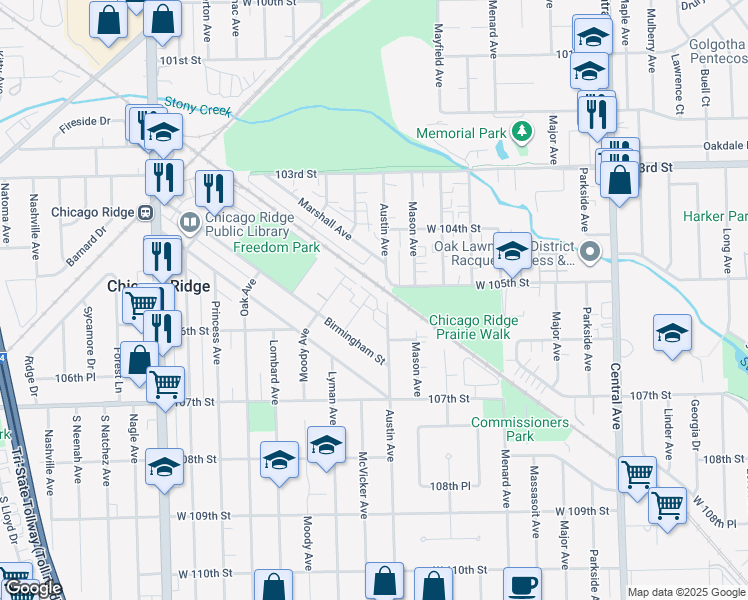 map of restaurants, bars, coffee shops, grocery stores, and more near 10445 Austin Avenue in Oak Lawn