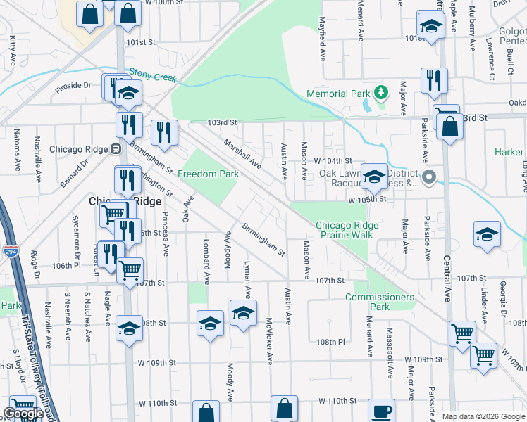 map of restaurants, bars, coffee shops, grocery stores, and more near 10401 Moody Avenue in Chicago Ridge