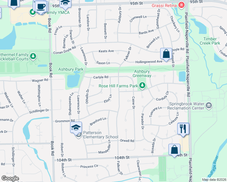 map of restaurants, bars, coffee shops, grocery stores, and more near 3520 Eliot Lane in Naperville