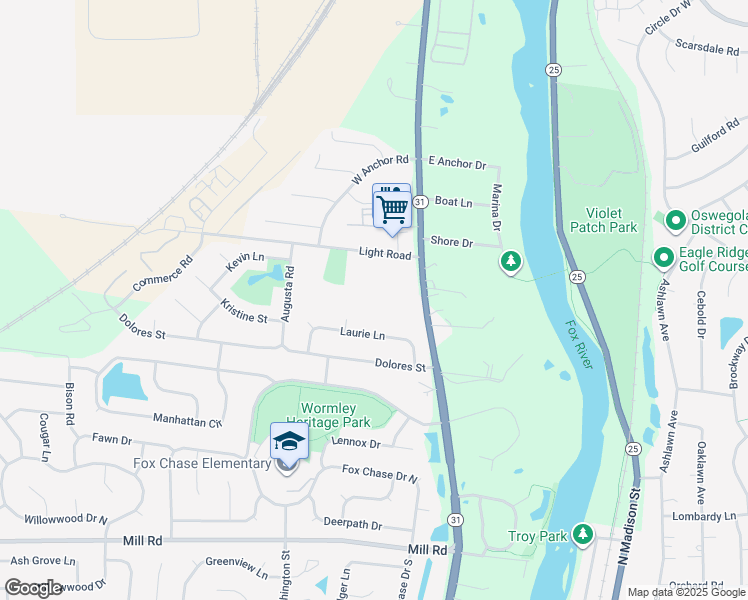 map of restaurants, bars, coffee shops, grocery stores, and more near 2400 Light Road in Oswego