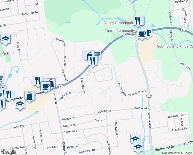 map of restaurants, bars, coffee shops, grocery stores, and more near 22 Florence Way in Farmington