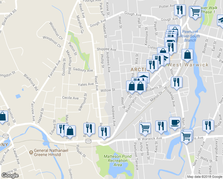 map of restaurants, bars, coffee shops, grocery stores, and more near 101 Andrews Avenue in West Warwick
