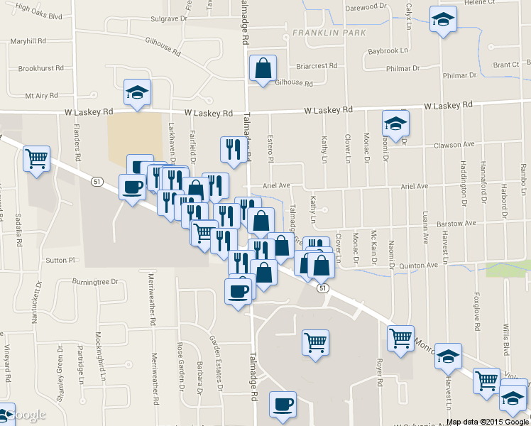 map of restaurants, bars, coffee shops, grocery stores, and more near 4668 Talmadge Road in Toledo