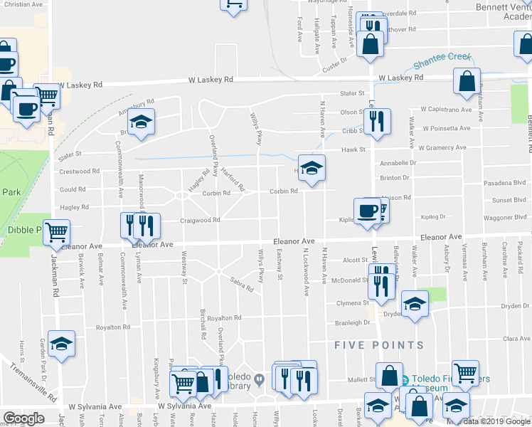 map of restaurants, bars, coffee shops, grocery stores, and more near 1264 Craigwood Road in Toledo