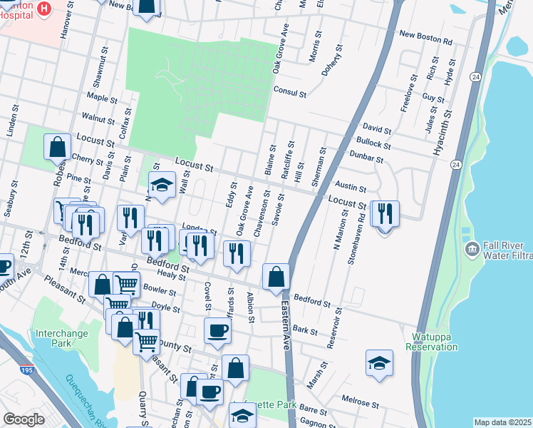 map of restaurants, bars, coffee shops, grocery stores, and more near 270 Savoie Street in Fall River