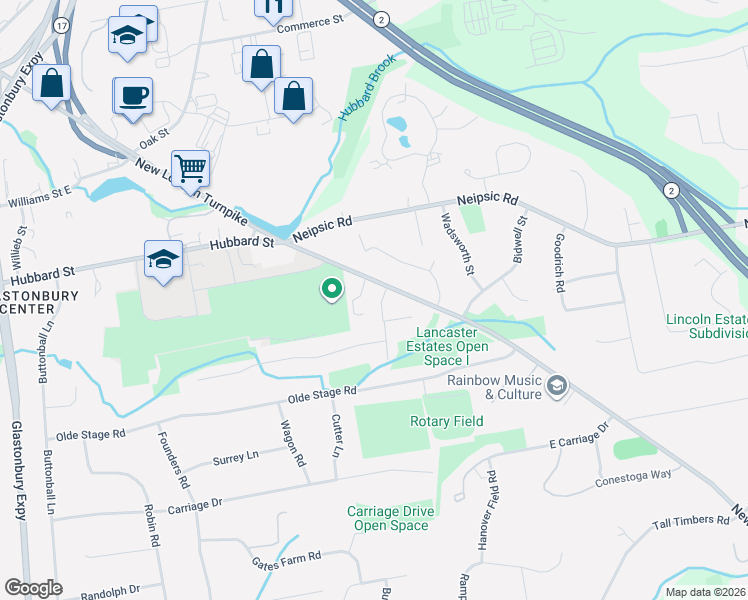 map of restaurants, bars, coffee shops, grocery stores, and more near 15 Brittany Road in Glastonbury