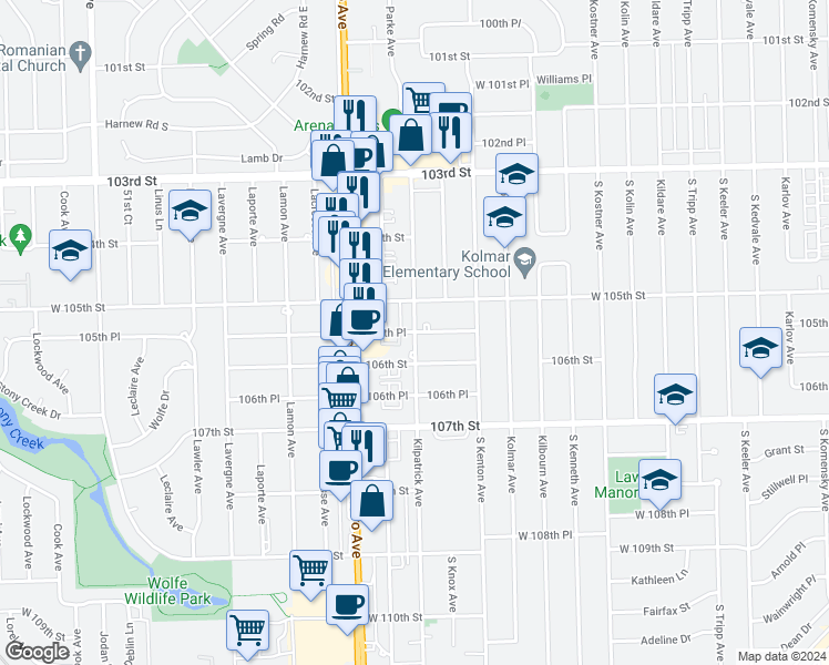 map of restaurants, bars, coffee shops, grocery stores, and more near 105th Place in Oak Lawn