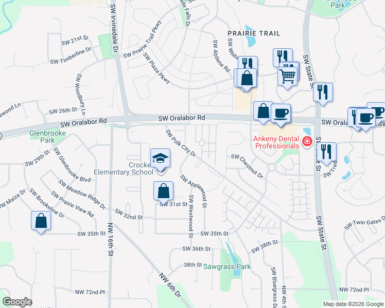 map of restaurants, bars, coffee shops, grocery stores, and more near 7684 Southwest Polk City Drive in Ankeny
