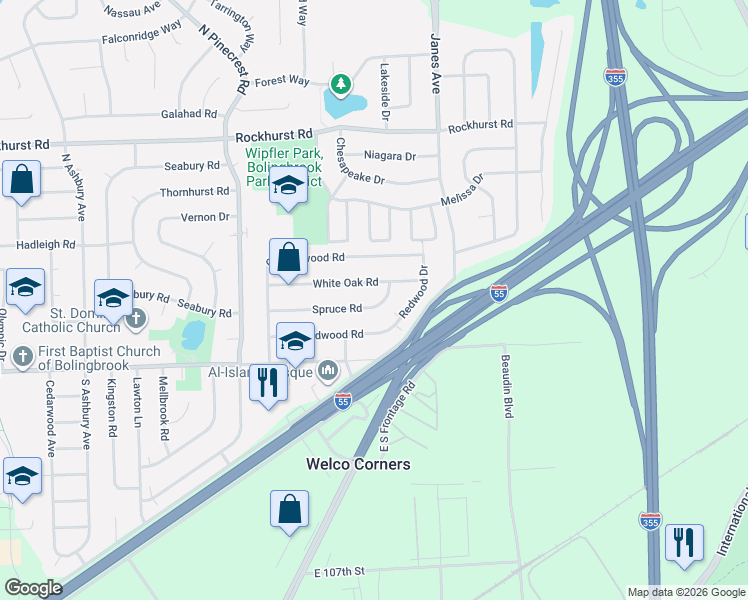 map of restaurants, bars, coffee shops, grocery stores, and more near 550 Spruce Road in Bolingbrook