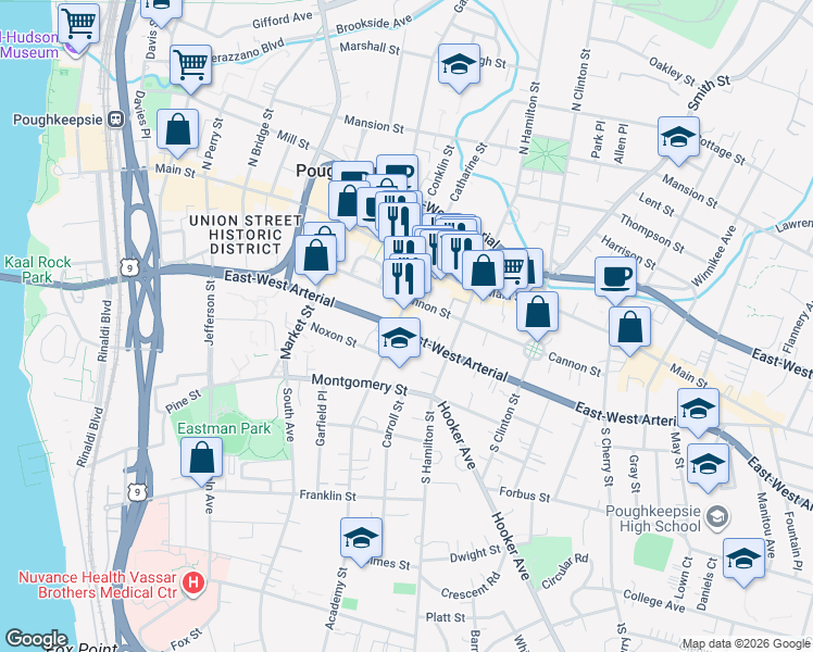map of restaurants, bars, coffee shops, grocery stores, and more near 205 Church Street in Poughkeepsie