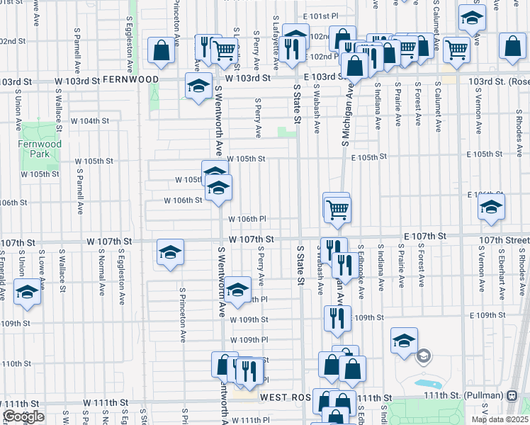 map of restaurants, bars, coffee shops, grocery stores, and more near 10619 South Perry Avenue in Chicago